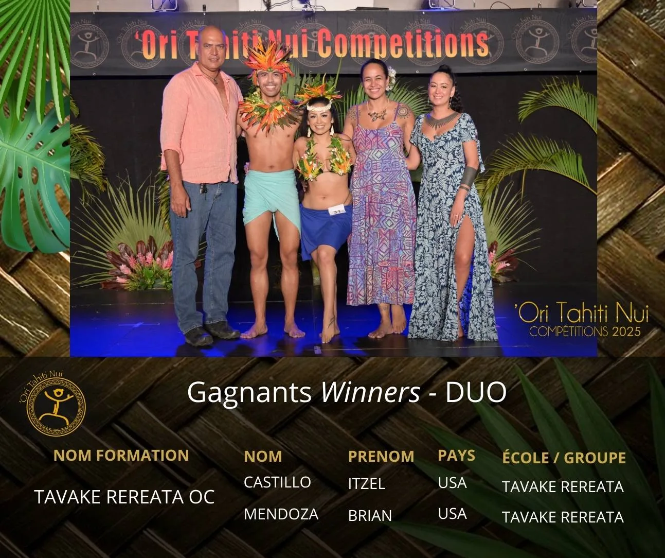 1er prix DUO 'Ori Tahiti Nui Competitions 2025 : TAVAKE REREATA OC composé par : - Itzel CASTILLO - originaire des États-Unis d'Amérique et - Brian MENDOZA - originaire des États-Unis d'Amérique