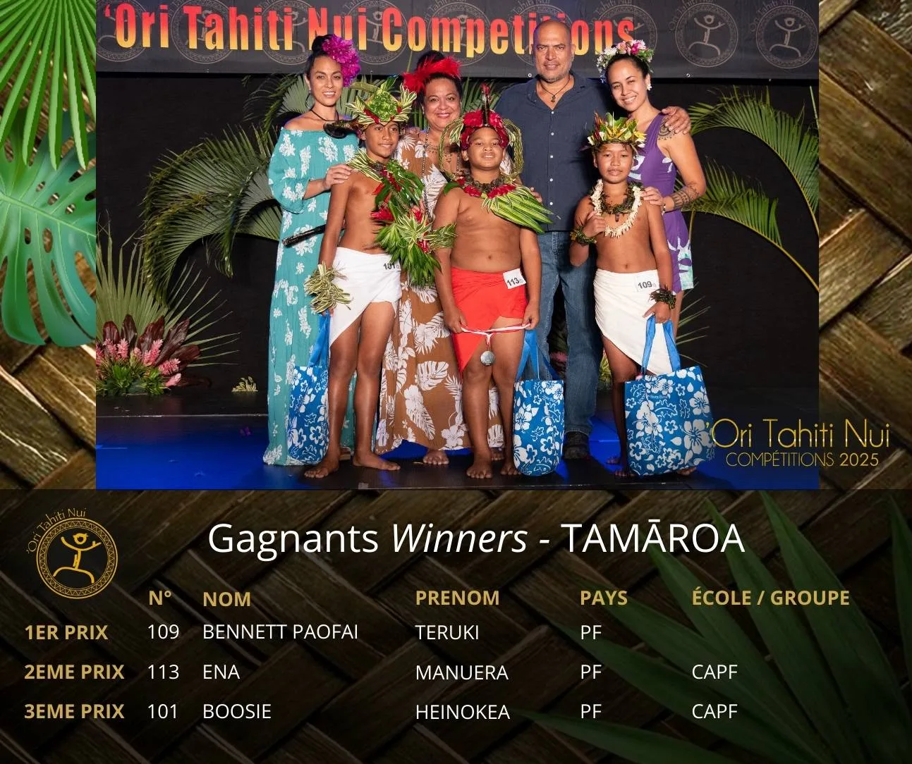 Découvrez les Lauréats de la Catégorie TAMAROA : 1er prix : Teruki BENNETT PAOFAI - originaire de Polynésie-française 2ème prix : Manuera ENA - originaire de Polynésie-française - du Conservatoire Artistique de Polynésie-française Directeur d'école : Fabien DINARD 3ème prix : Heinokea BOOSIE - originaire de Polynésie-française - du Conservatoire Artistique de Polynésie-française Directeur d'école : Fabien DINARD