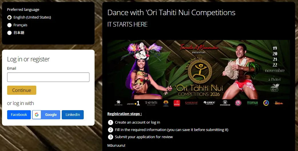 inscribirse en línea en los concursos 'Ori Tahiti Nui» de 2026
